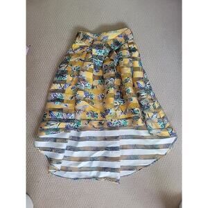 Banjul Women’s A-line High Low Skirt Yellow Size S Floral Pleated Striped Sheer